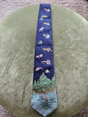 Alberto Perricch Men's Navy Blue Scenic Fly-Fishing Italian Silk Tie Vintage